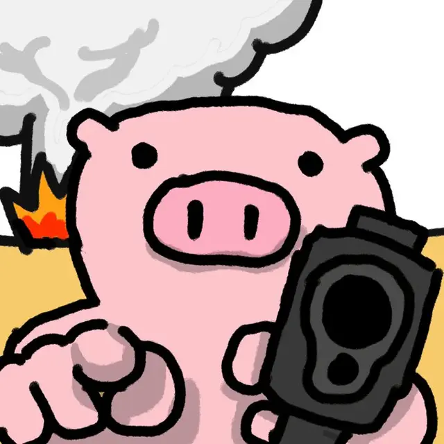 Action-movie Pip holding a cartoon blaster with an explosion behind him