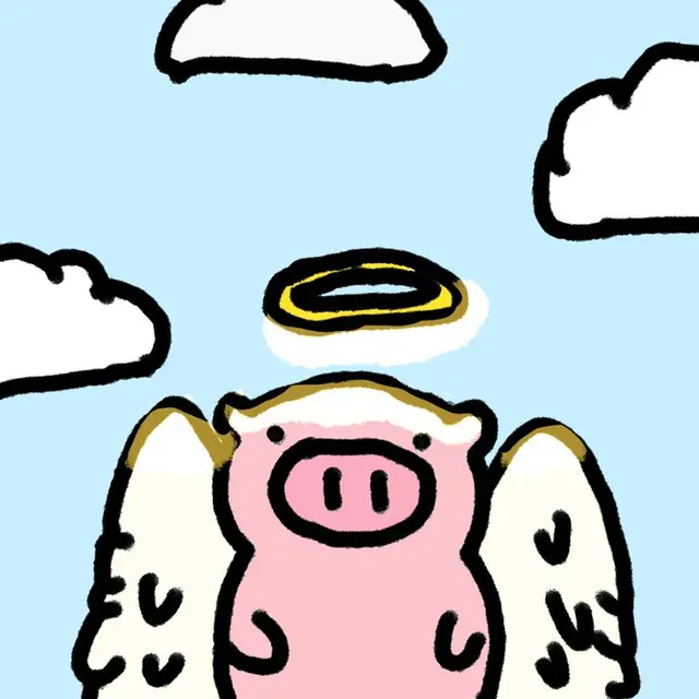 Pink Pip with angel wings and a halo in a cloudy sky