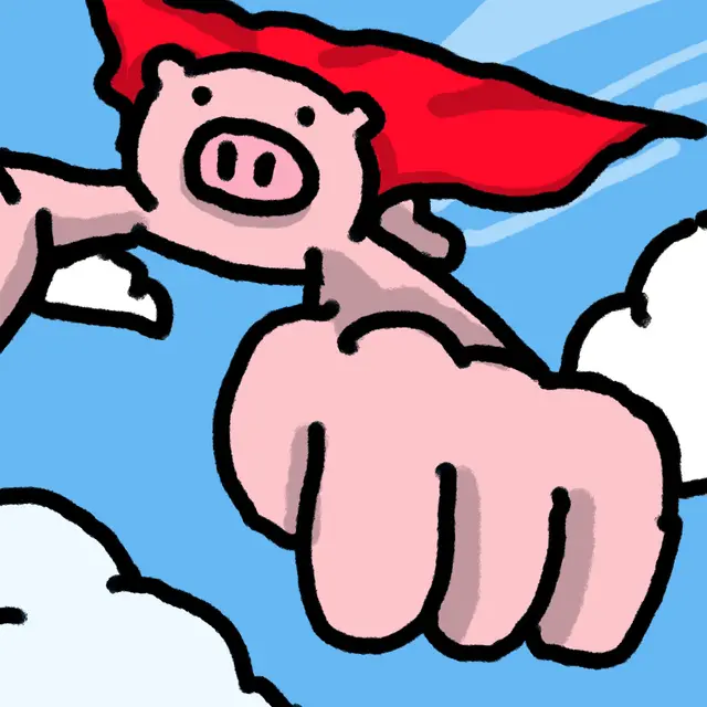 Pip flying through a blue sky in a red superhero cape